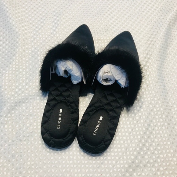 Birdies Dove Satin Pointy Toe Faux Fur Mules - Picture 6 of 7